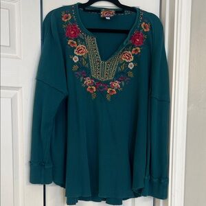 Johnny Was Teal Floral Top